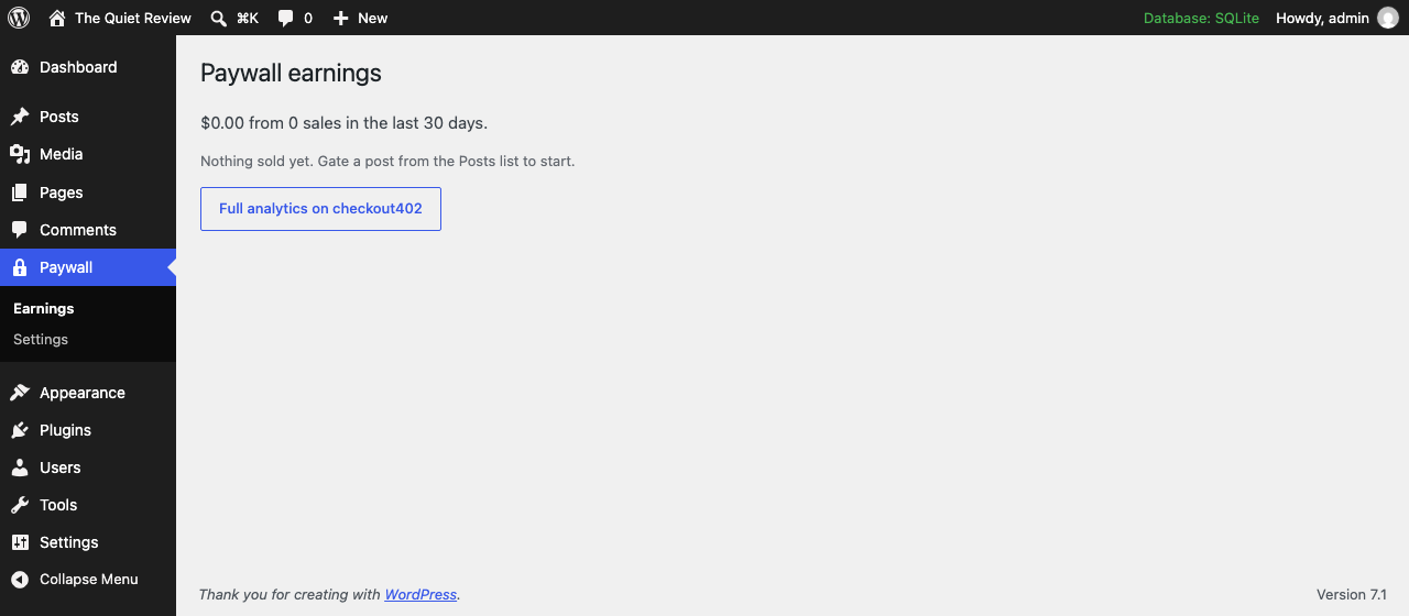 The Paywall earnings screen in WordPress, with a link through to the full
analytics on checkout402